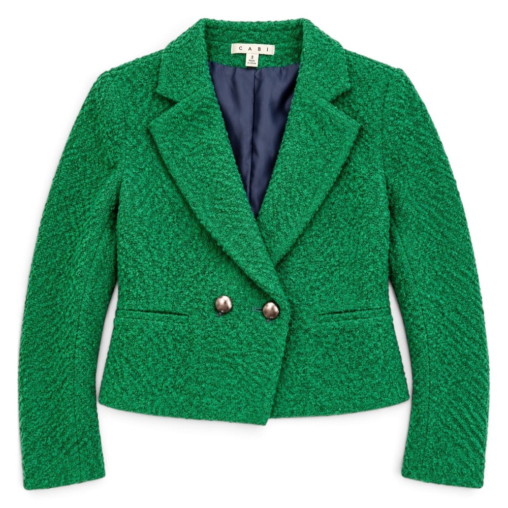CAbi Ivy Jacket #532 Green Boucle Wool Blend Blazer Size 2 Double Breasted